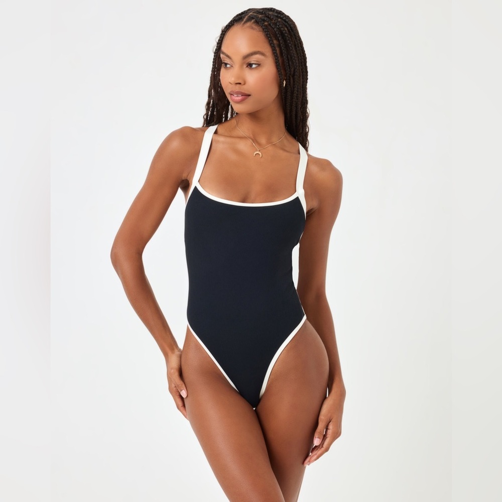 l*space Black One-Piece Swimsuit with White Trim